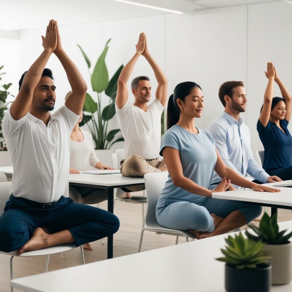 gente practicando yoga en una oficina