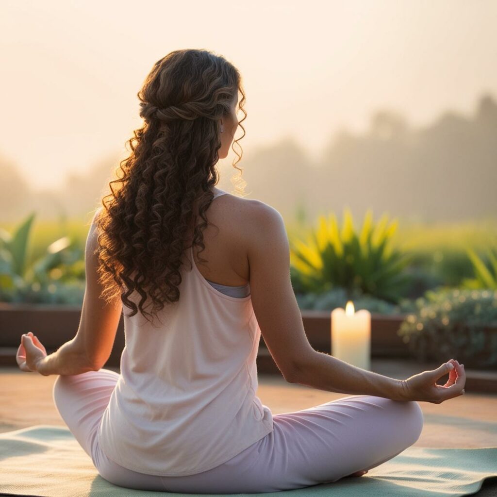 Una mujer de pelo largo rizado moreno de espaldas mirando al la naturaleza en una postura de meditación al aire libre