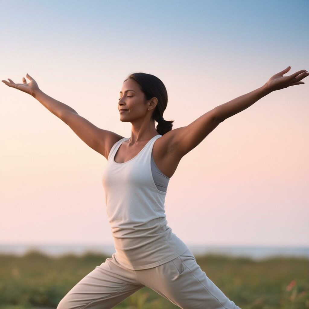 Una mujer practicando yoga como la postura del arbol o apertura de pecho 1 1