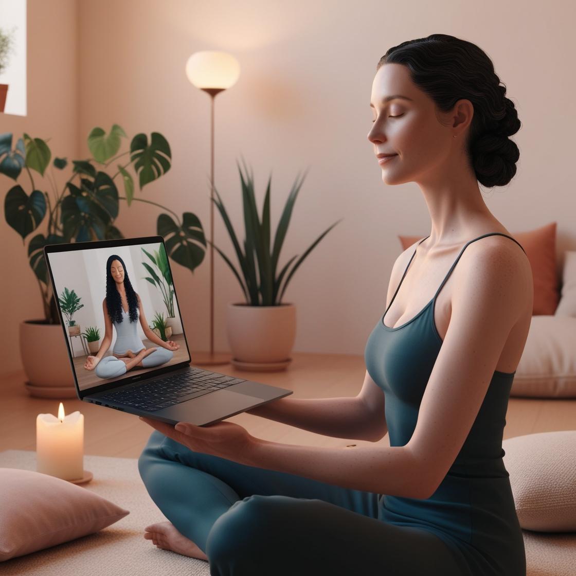 recibiendo una clase de meditacion online. La mujer esta frente a un ordenador portatil