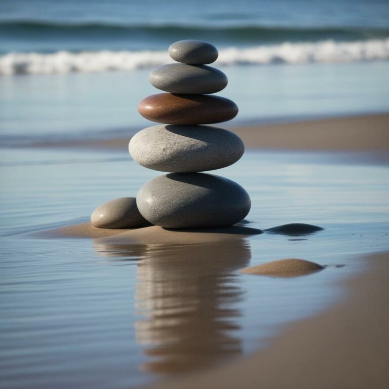 rocas en equilibrio en la playa cerca del mar tonos arena y azules